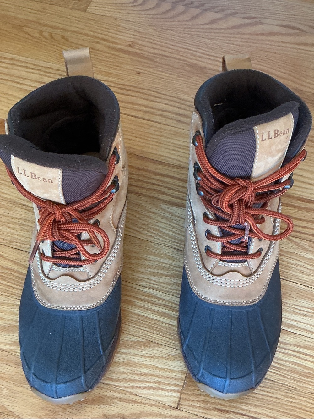 L.L. Bean Two-Tone Duck Boots in Tan and Navy with Rust Laces